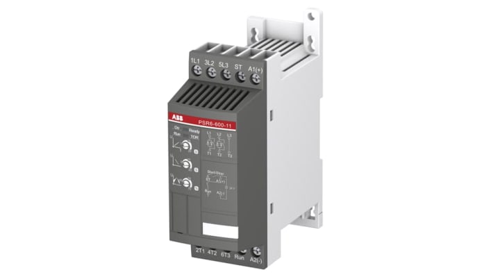 ABB 1SFA896104R1100, avviatore soft-start manuale 3 fasi, potenza 4 kW, corrente 6,8 A, montaggio su guida DIN, dimensioni 140 x 114 x 45 mm.