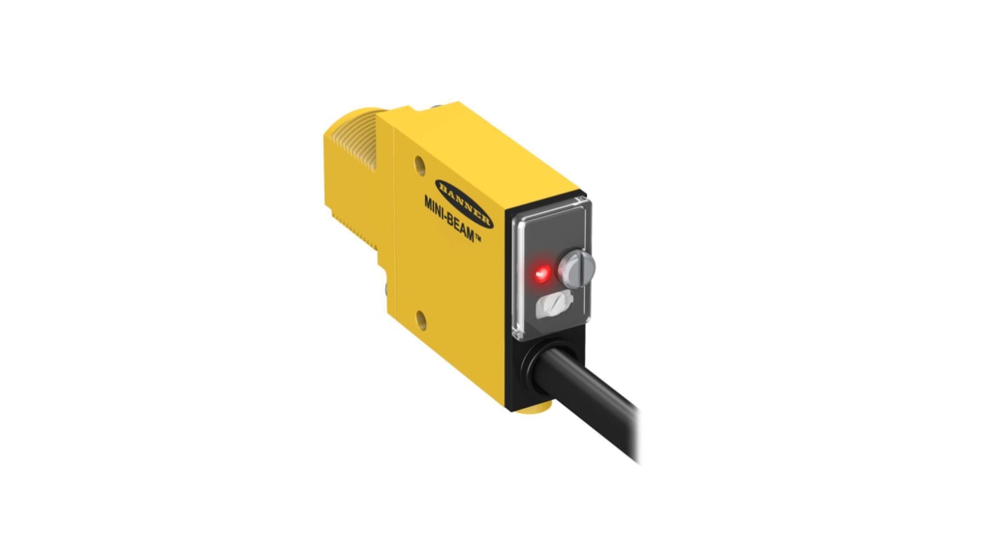 Sensore fotoelettrico rettangolare Banner SM312LVMHS, rilevamento fino a 5 m, uscita NPN/PNP, grado di protezione IP67.