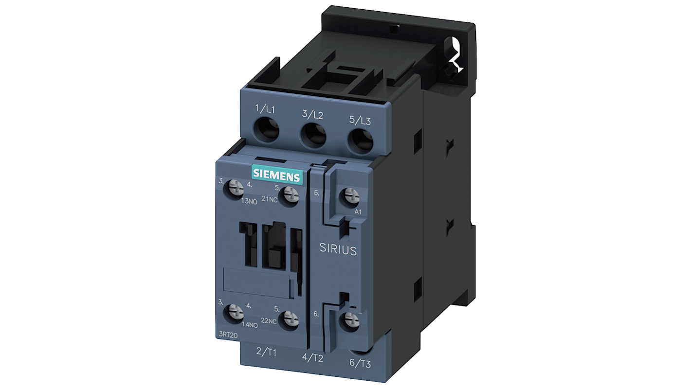 Contattore trifase Siemens 3RT2026-1AC20 con 3 poli, resistenza alle sovratensioni fino a 6 kV. Ideale per monitoraggio motori trifase ad alta potenza.