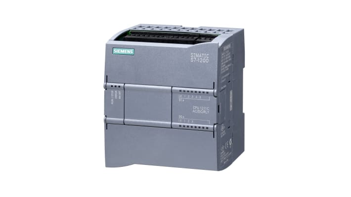 Modulo I/O Siemens 6ES7211-1BE40-0XB0, CPU PLC S7-1200, 6 ingressi, 4 uscite, montaggio su guida DIN, dimensioni 100 x 90 x 75 mm.