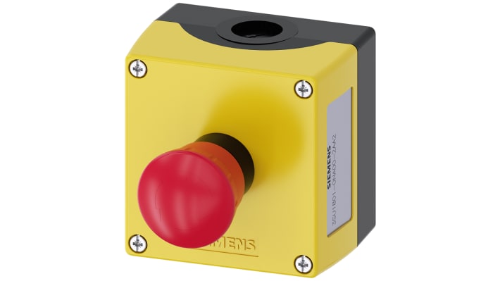 Pulsante di arresto di emergenza Siemens, montaggio superficiale, forma a fungo, colore rosso e giallo, dimensioni 85 x 85 x 64 mm.