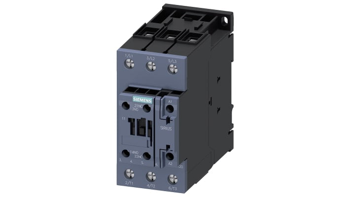 Contattore Siemens 3RT2035-1AP00: 3 poli, 40A, 18,5 kW, 230V c.a. per controllo sicuro motori industriali. Adatto a condizioni estreme.