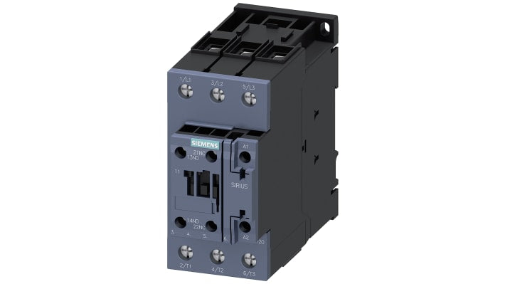 Contattore Siemens 3RT2038-1AP00, 3 poli 80A 37kW resistente sovratensioni 6kV, installazione su guida DIN. Ideale per carichi pesanti.