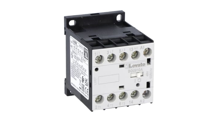 Contattore Lovato 11BG0910A024, 3 poli, 9 A, 600 V CA, montaggio su guida DIN, dimensioni 58x44x57 mm, grado di protezione IP20.