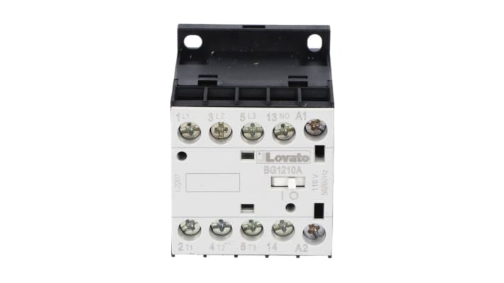 Contattore Lovato 11BG1210A024, 3 poli, 12 A, 24 V c.a., montaggio su guida DIN, dimensioni 44x58x57 mm, IP20.
