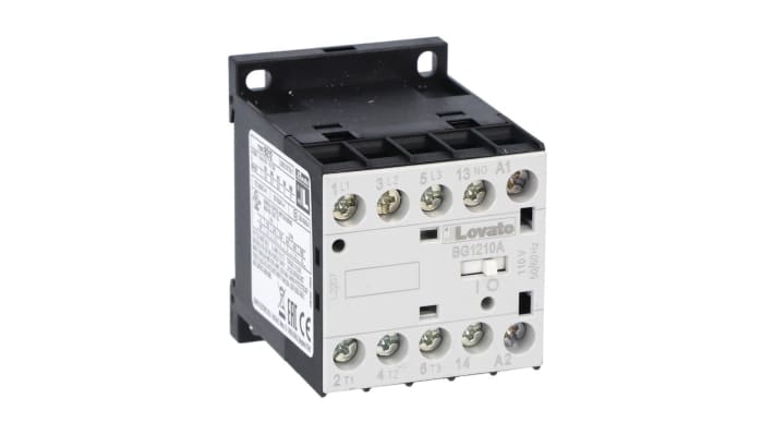 Contattore Lovato 11BG1210A230, 3 poli, 12 A, montaggio su guida DIN 35 mm, dimensioni 58x44x57 mm, protezione IP20.