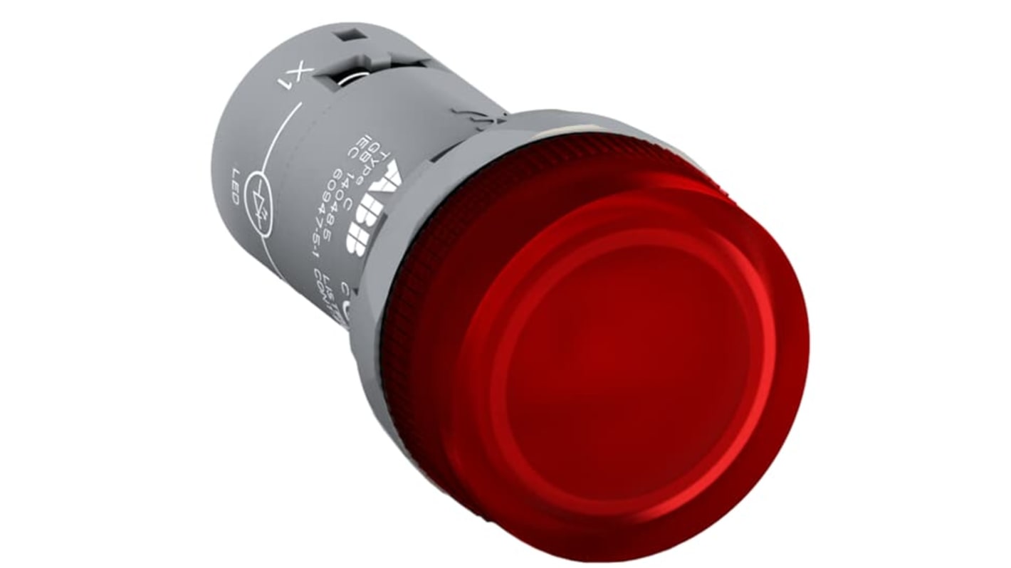 ABB Spia LED rossa per montaggio a pannello, 24 V, IP66/IP67/IP69K, diametro foro 22 mm, adatta per automazione e cantieri.