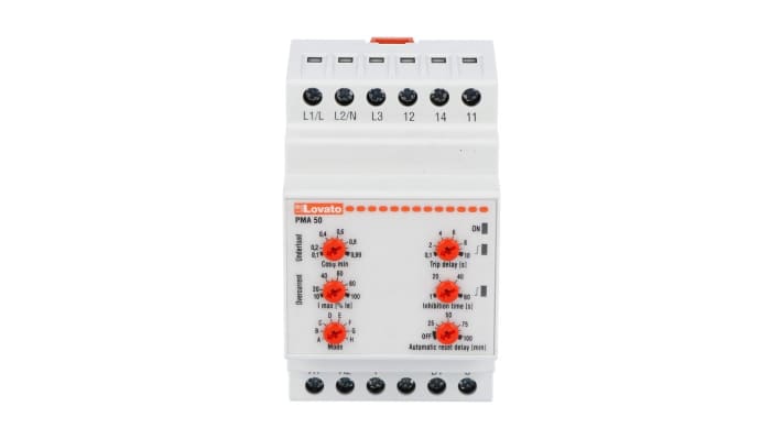 Relè Lovato PMA50A480 per monitoraggio corrente, montaggio su guida DIN, dimensioni 53.5 x 64.9 x 104.7 mm, protezione pompe.